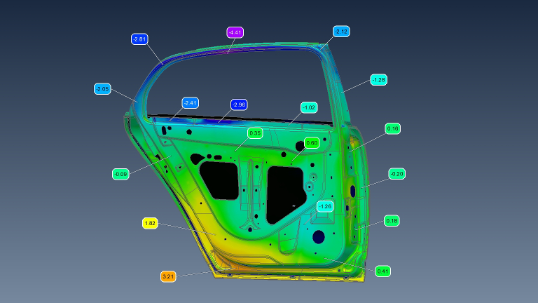 Colour map of a 3D scan of a car door for 3D quality control