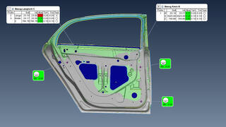 3D-Qualitätskontrolle - Autotür - Ausrichtung über RPS-Punkte. 3 Flächenpunkte Bezug „A“ (Y-Richtung), eine Kreis Bezug „B“ (X- und Z-Richtung) und ein Langloch Bezug „C“ (Z-Achse) festgelegt. 